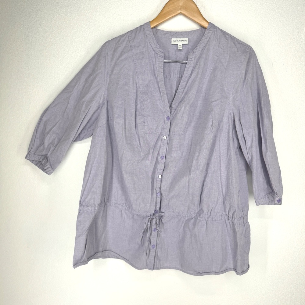 Vintage Womens 1X Purple Cotton Button Drawstring Waist 3/4 Sleeve Top Relaxed